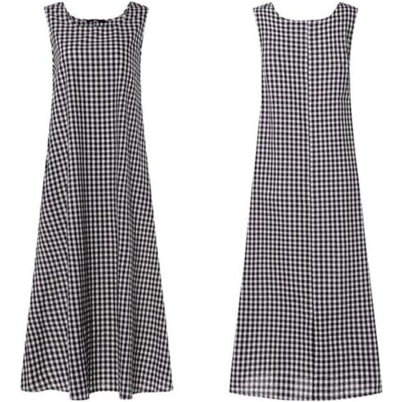 Women's Casual Loose-Fit Cotton and Linen Plaid Tank Maxi Dress - Picture 11 of 16